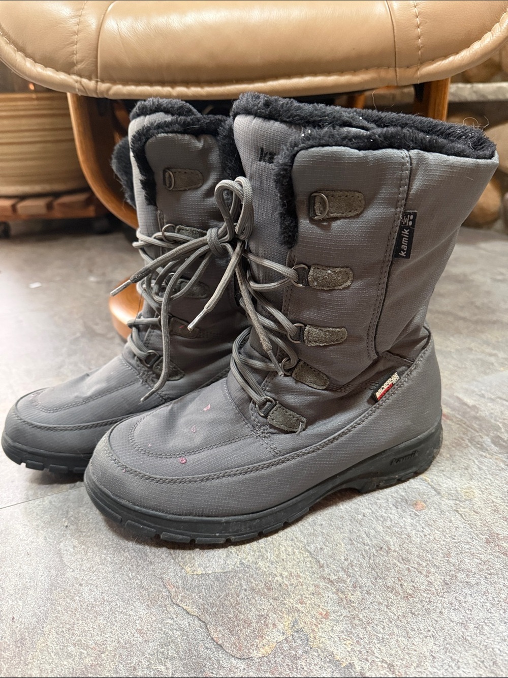 Kamik Charcoal Gray Lace-Up Winter Boots with Faux Fur Cuff
